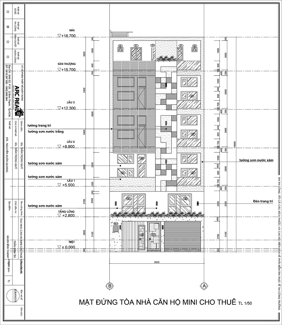 Bản vẽ thiết kế mặt tiền tòa nhà căn hộ mini cho thuê do Arc Real thiết kế